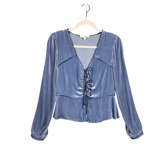 Intermix Blue Velvet Top Size 4 Long Sleeve Peplum Tie Front Boho Fairy Goth - Picture 5 of 15